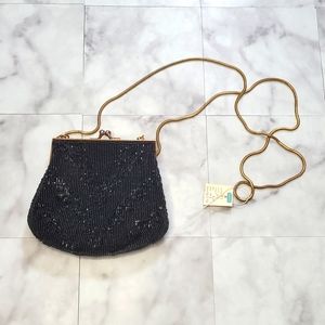 Macys Vintage Deadstock Beaded Black Gold Clasp formal Clutch Purse